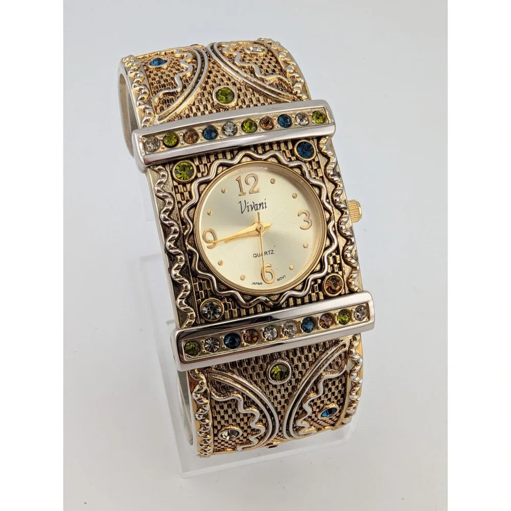 Vivani Rhinestone Cuff Women's Watch Gold Tone Multicolor Gems- New Battery